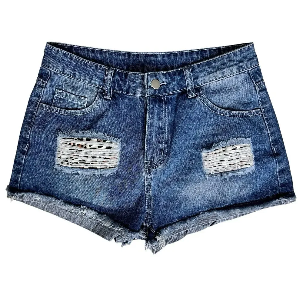 Womens Distressed Edgy‎ Jean Shorts Medium Leopard Pockets Frayed Hem Summer